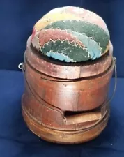 Antique Sewing Bucket With Dated Signed Cushion