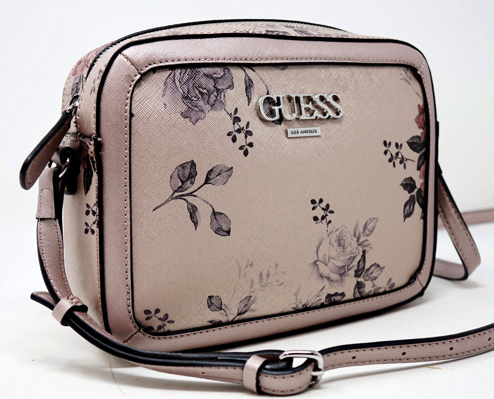 NEW GUESS Women's Donohue Rose Gold Metallic Pink Floral Crossbody Purse  Handbag
