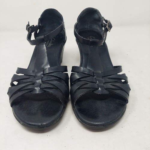 Clarks Bendables Black Leather Strappy Slingback Sandals Block Heels Boho Size 7 - Picture 2 of 12