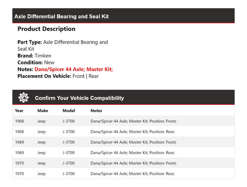 For 1968-1970 Jeep J-3700 Axle Differential Bearing and Seal Kit Timken 1969 - Picture 2 of 3