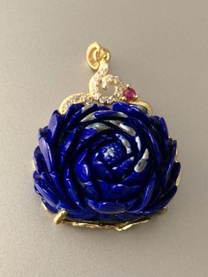Handgeschnitzter Lapislazuli Blume Anhänger vergoldet 925 Silber