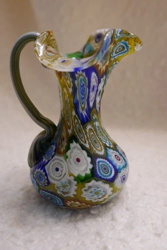 Vintage Murano Venetian Blown Miniature Millefiori Glass Pitcher / Vase 3"