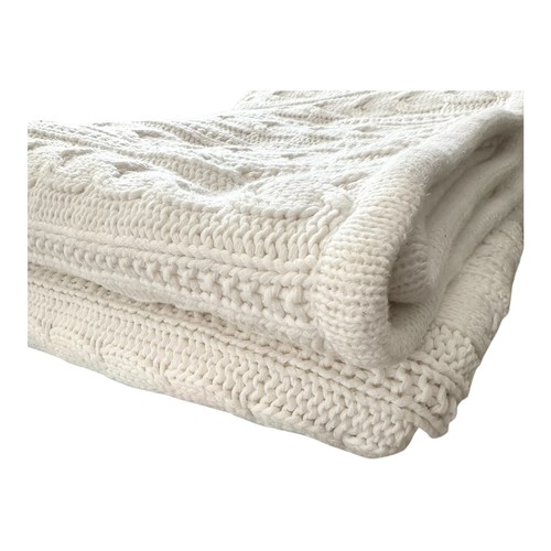 Pottery Barn Zopfmuster Sherpa Überwurf Decke Elfenbein 50"x 60" weiche Fleece Rückseite