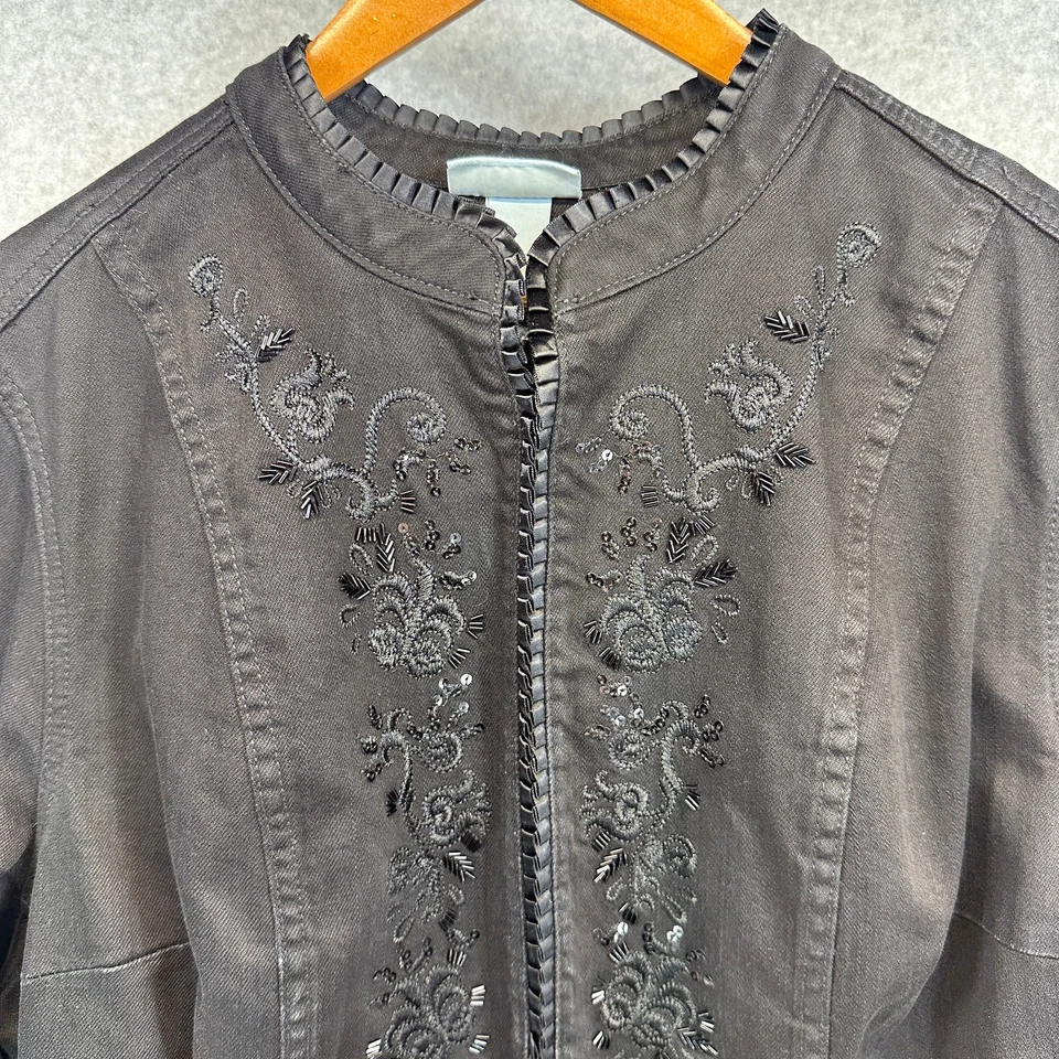 Liz & Me Jacket Womens Size 2X Black Cotton Blend Denim Floral Embroidered Beads - Image 3 of 4