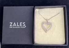 Zales? 10k White Gold Melee Diamonds Open Heart Pendant on Silver Chain READ