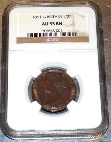 Great Britain 1861 1/2 Penny K-748.2 NGC AU55 BN English England 1/2P Coin