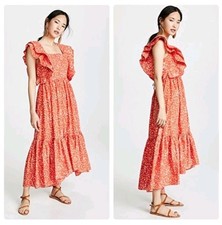 Ulla Johnson Freida Dress Print Cotton Coral Batik Orange Floral Maxi Casual 10