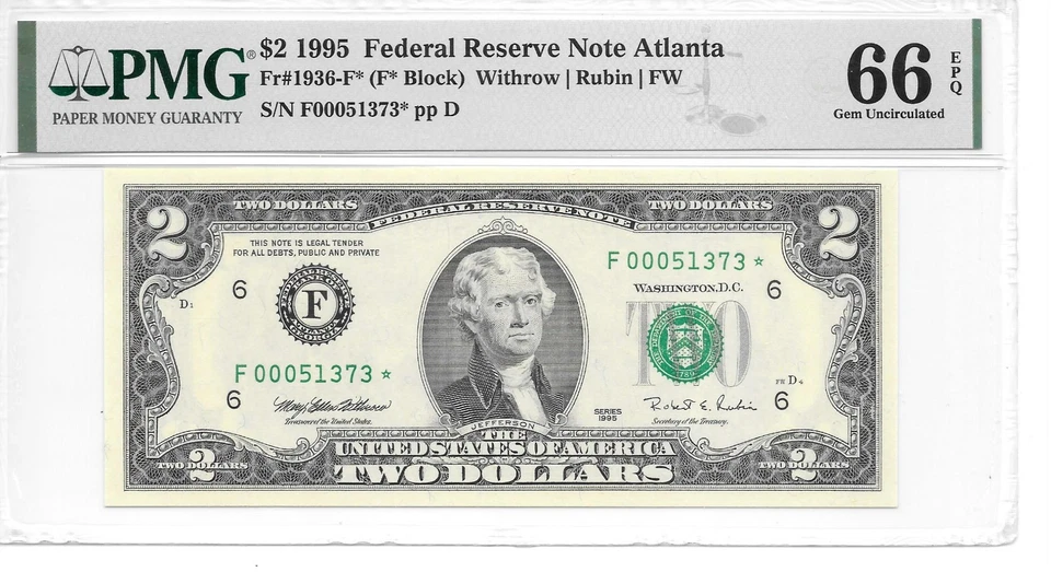 1995* Atlanta "Star" $2 FRN (F* Block) PMG 66 EPQ GEM UNC. (Starting with F000) - Image 3 of 4