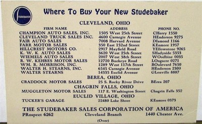 1938 Studebaker Six President  Commander Sale Reference Card Cleveland OH Orig