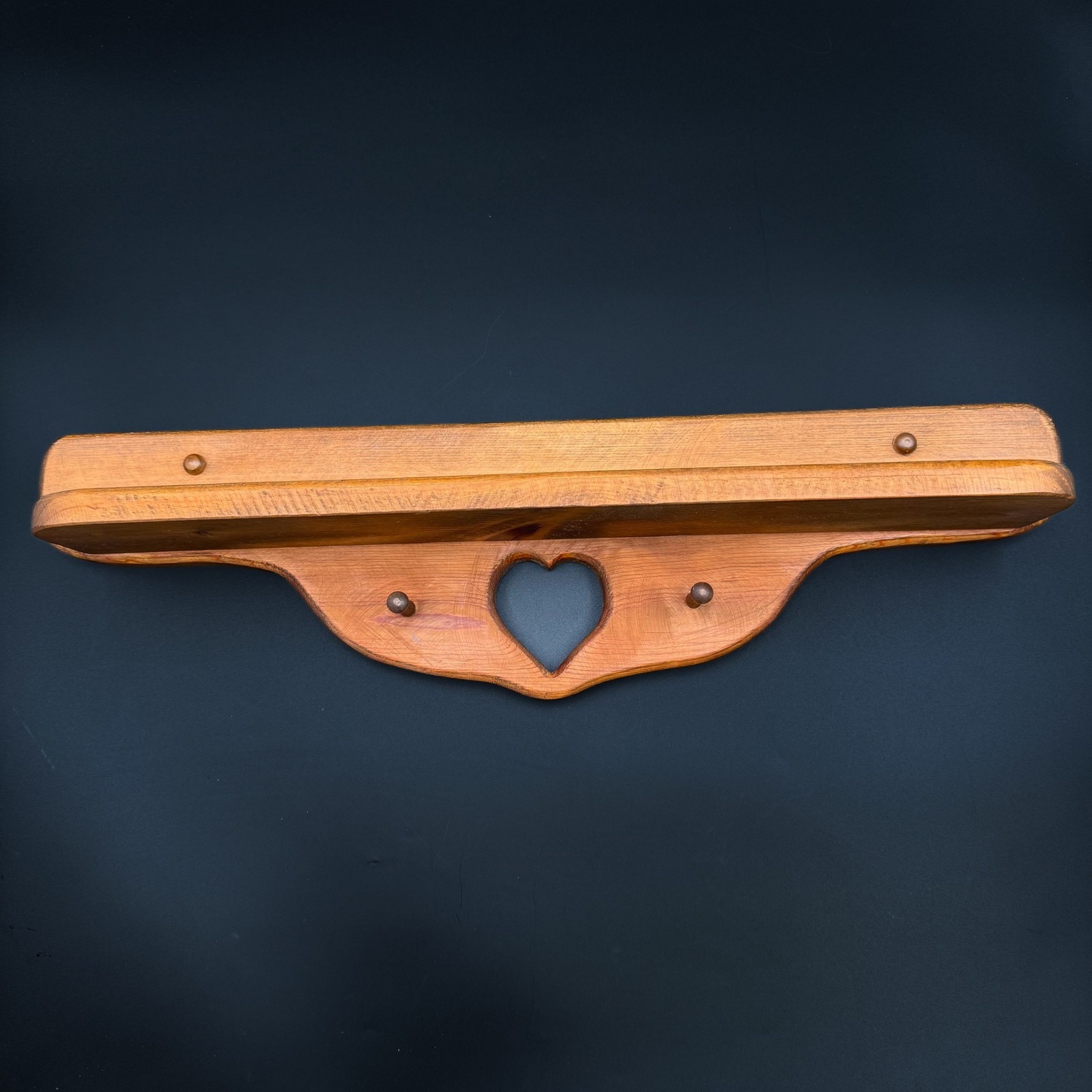 Vintage Wood Wall Shelf Display Heart Pegs Knick Knack Rustic Farmhouse Country