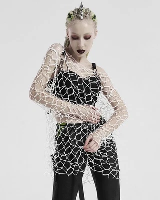 Punk Rave Mujer Cyberpunk Gótico Grunge Suéter Blanco Roto Red de Malla Corte - Imagen 1 de 4
