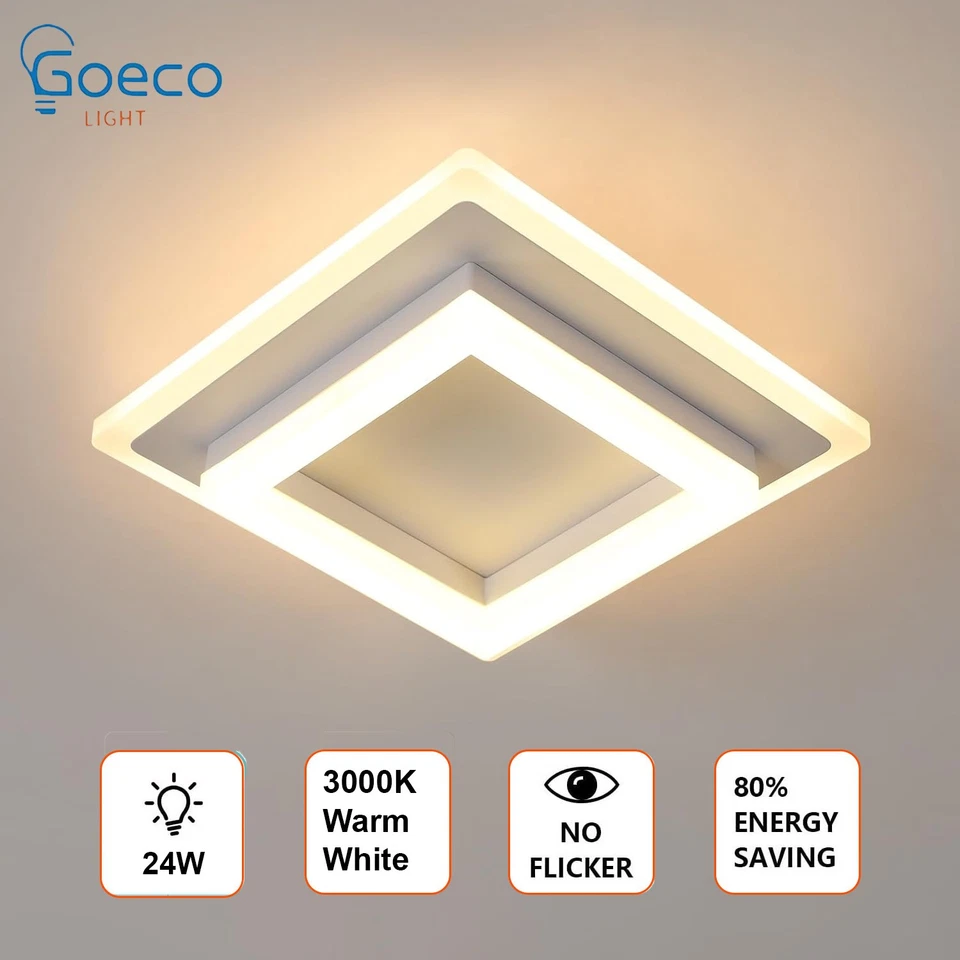 GOECO 24W Modern LED Ceiling Light Warm White Sqaure Ceiling Lamp Hallway Living Room