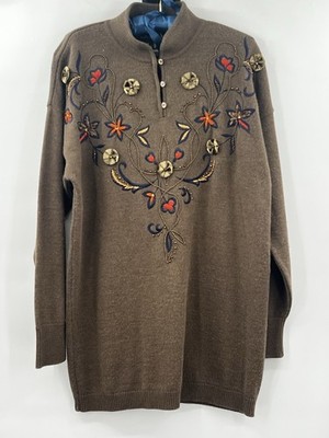 Escada Vintage Brown Wool Tunic Sweater Embroidered Floral Velvet 34 Small M