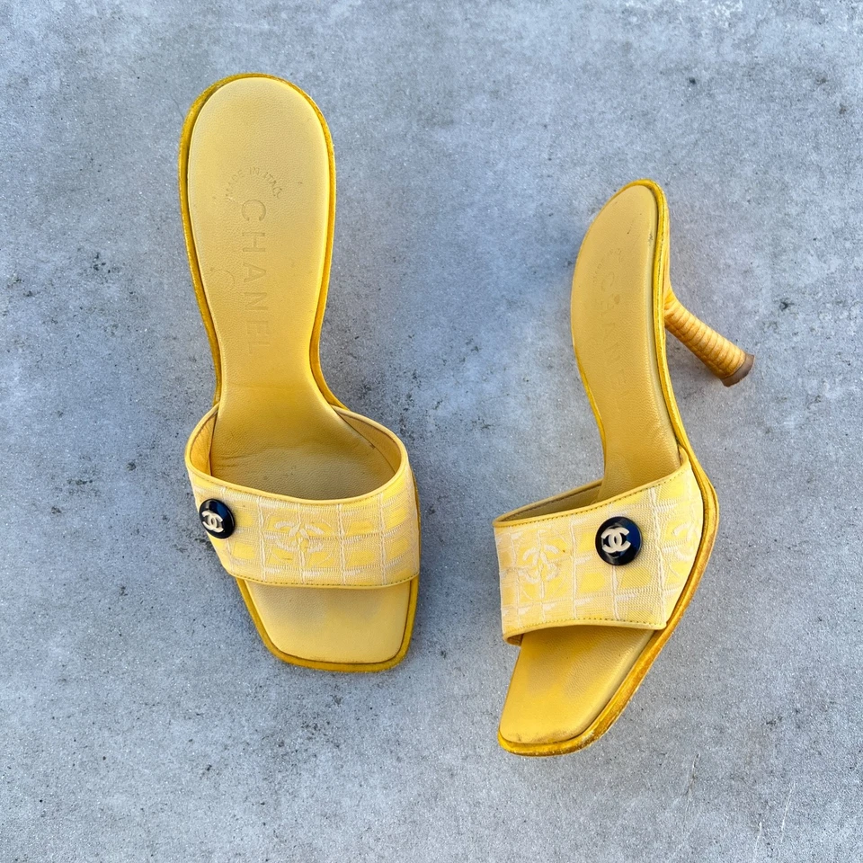 Chanel | Authentic Vintage Yellow Canvas CC Logo Black CC Button Mules (34.5) - Image 2 of 4