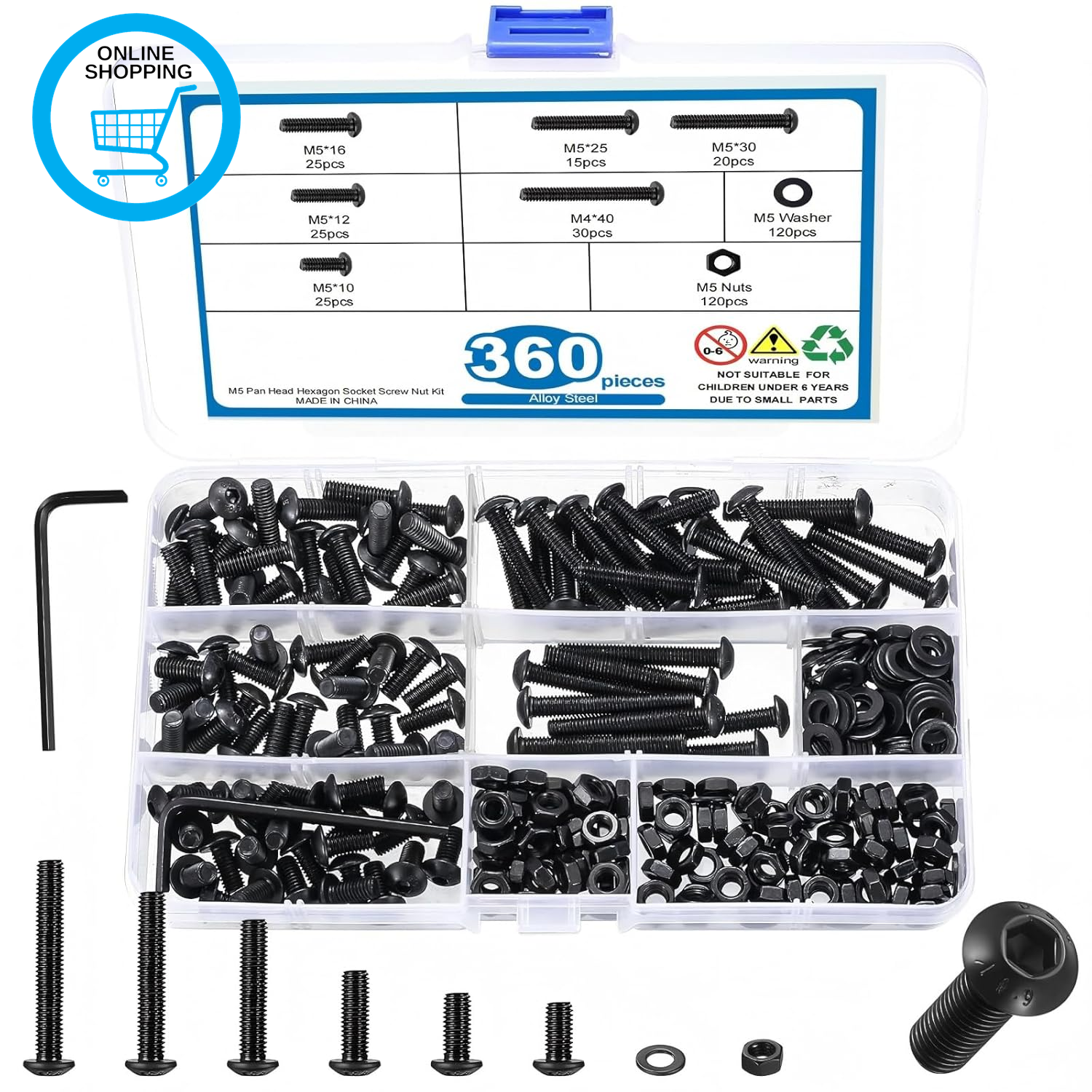 360 Pcs M5 Nuts and Bolts Assortment, Hex Socket Button Head Cap Screws Set with