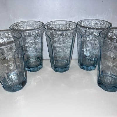 Set of 5 Vtg Libbey Chivalry Ice Blue Tumblers  6 1/4''H 16 oz Glasses Paneled