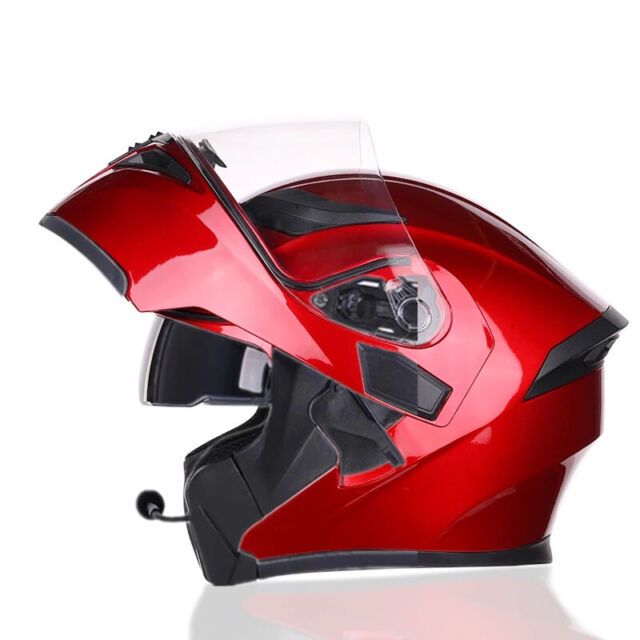 DOT Red Motorcycle Bluetooth Helmet Modular Dual Visor Flip Up Full