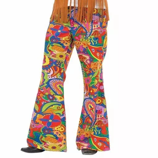 Mens Flared Hippie Paisley Pants for Adult 60s Hippy Costume M-XL Halloween - Image 2 of 4