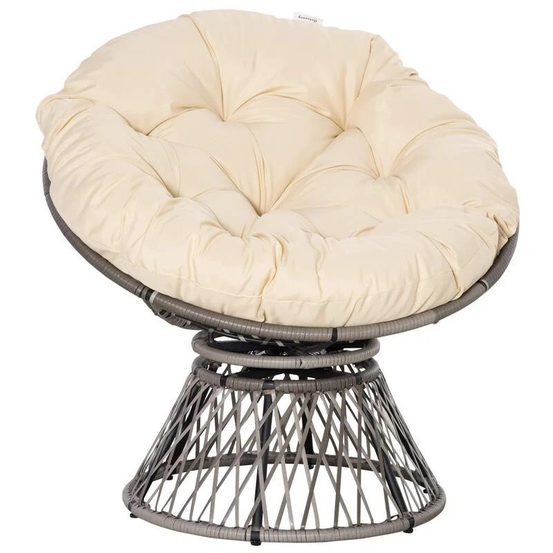 Rattan Swivel Papasan Chair Outdoor Round Wicker Seat w/ Cushion Beige 360° - Image 2 of 4