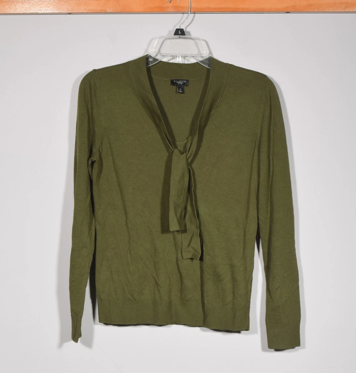 Talbots Petites Olive Green Neck Bow Tie Lightweight Long Sleeve Sweater Sz S