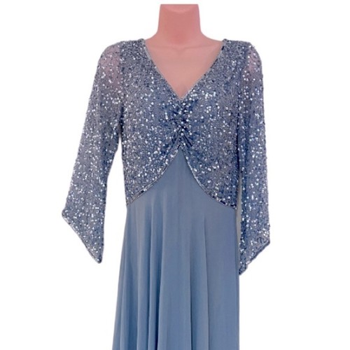 size 6 JKARA Chiffon Sequin Blue Formal Gown White Tie Wedding Prom Maxi Dress - Imagen 8 de 15
