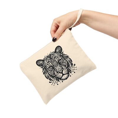 Tribal Tiger Graphic Zipper Pouch, Cotton Canvas Makeup Bag, Wild Animal Clutch