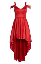Sequin Hearts Women's Red Satin Cold Shoulder Hi Lo Hem Prom Gown Dress, Size 7