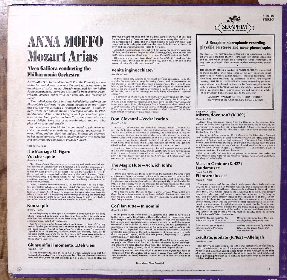ANNA MOFFO  MOZART ARIAS SERAPHIM RECORDS PHILHARMONIA ORCHESTRA VINYL LP 190-81 - Image 2 of 4