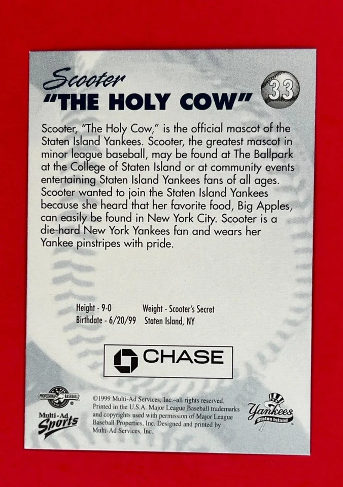 SCOOTER THE HOLY COW ~ 1999 Multi-Ad #33 ~ Staten Island Yankees Mascot - Image 2 of 4