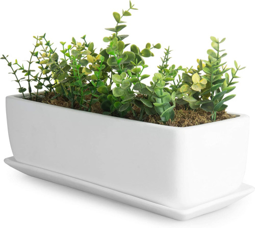 14-Inch Rectangular Ceramic Succulent Planter Pot Window Box Matte White