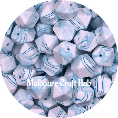 10 silicone beads MARBLE TEAL 17mm hexagon BPA free DIY jewellery