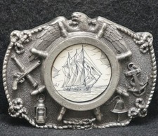 XC05182 VINTAGE 1995 LARGE SAILBOAT ON WATER SHIP ARTWORK MENS BELT BUCKLE