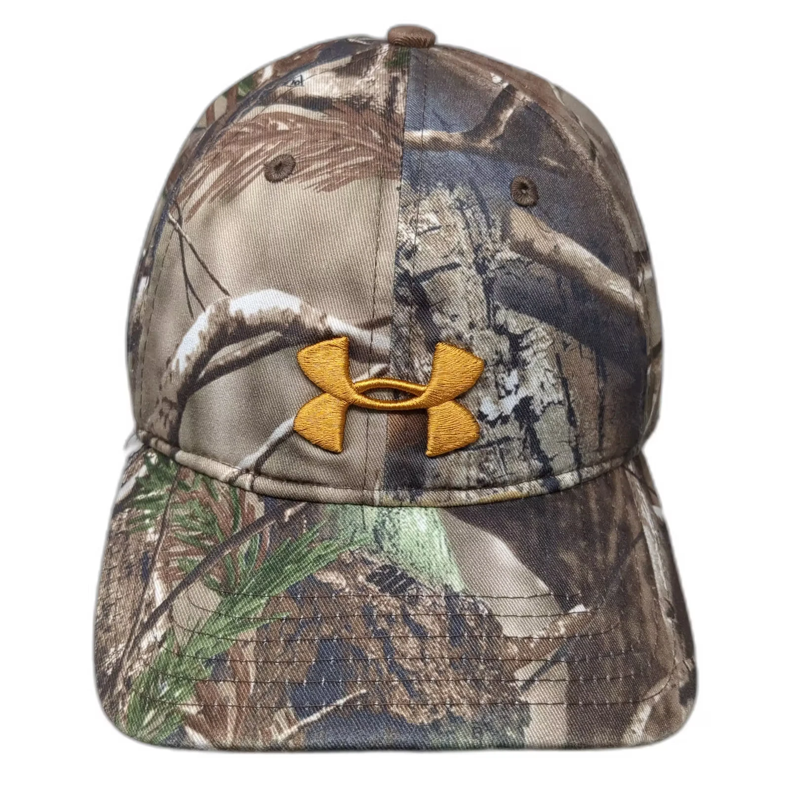 Under Armour Brown Camo Baseball Cap L Gold Logo Embroidered Stretch Fitted Hat