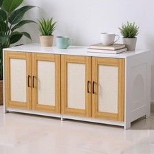 Double Cat Litter Box Enclosure 47.2" Wood Hidden Kitty Furniture w/Rattan Doors