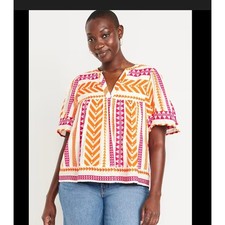 Old Navy Womens  Small Pink Geometric Jacquard Babydoll V-Neck Blouse Boho