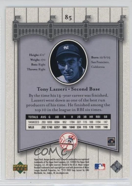 2003 Upper Deck Yankees Signature Series Tony Lazzeri #85 HOF - Image 2 of 2