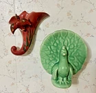 2 Vtg Bird Wall Pockets - Green McCoy USA Peacock, Burgundy Duck Patented 149144