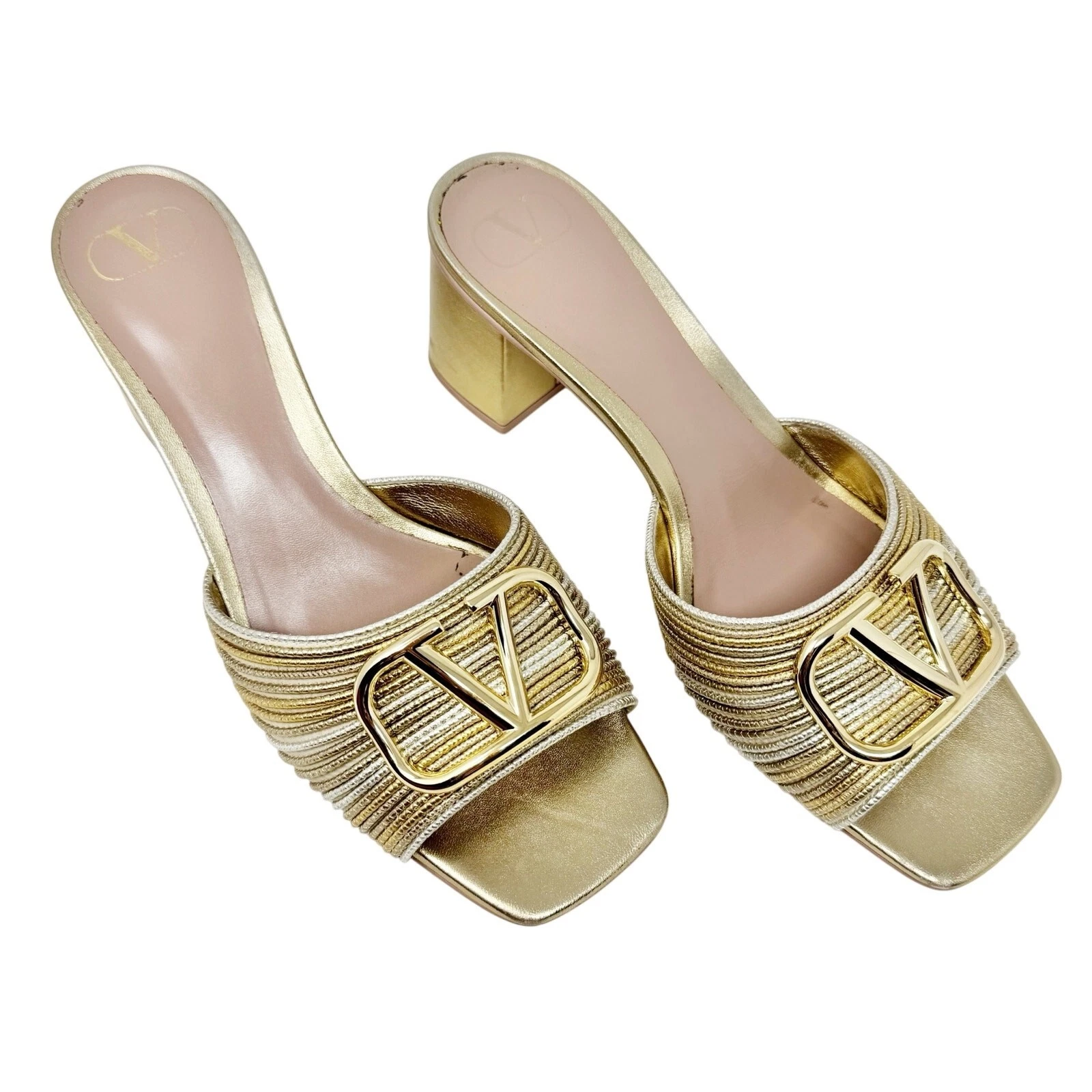 Valentino — Valentino Garavani VLogo Signature Mules  Sz 41 Gold Metallic Block Heel Slides