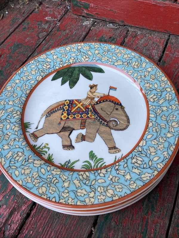 4 World Market Voyage ELEPHANT 8.75" Salad Snack Plate Earthenware Portugal Boho