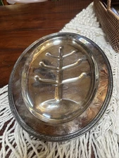 Silver Plate Meat Carving Tray Platter, Juice Well, Footed, Vintage  Tree Design