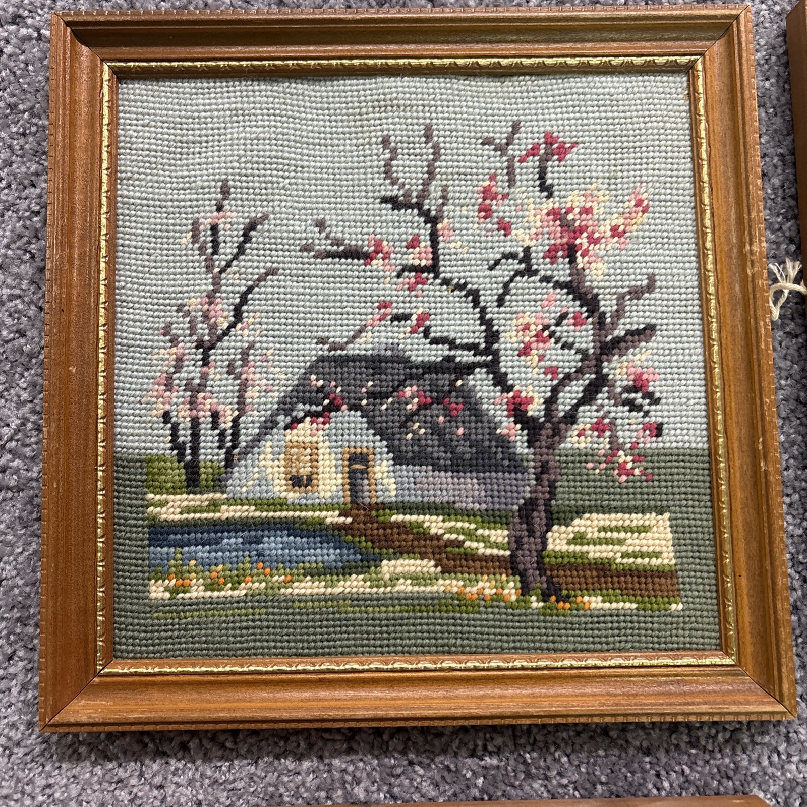 Four Season Needlepoint 11” Framed Pictures Winter Spring Summer Fall Signed