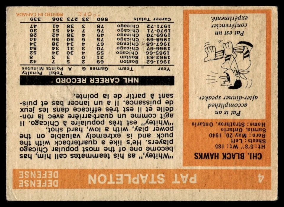 1972-73 O-Pee-Chee **C** ! Pat Stapleton Chicago Blackhawks #4 - Image 2 of 2