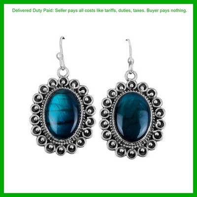 925 Sterling Silver Neon Flash Labradorite Stone Dangling Hook Bezel Earrings