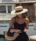 Boater Straw Hat Wide Brim French Elegant Square Ribbon Women Sun Holiday Beach