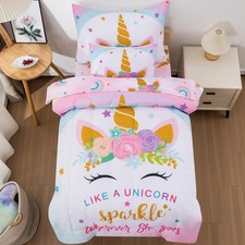 Toddler Comforter for Girls,5 Piece Bed in A Bag 3D Unicorn Sparkle Theme Bed...