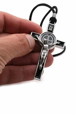 3" St Benedict Crucifix Cross Catholic Necklace Black Enamel Men & Women On Cord