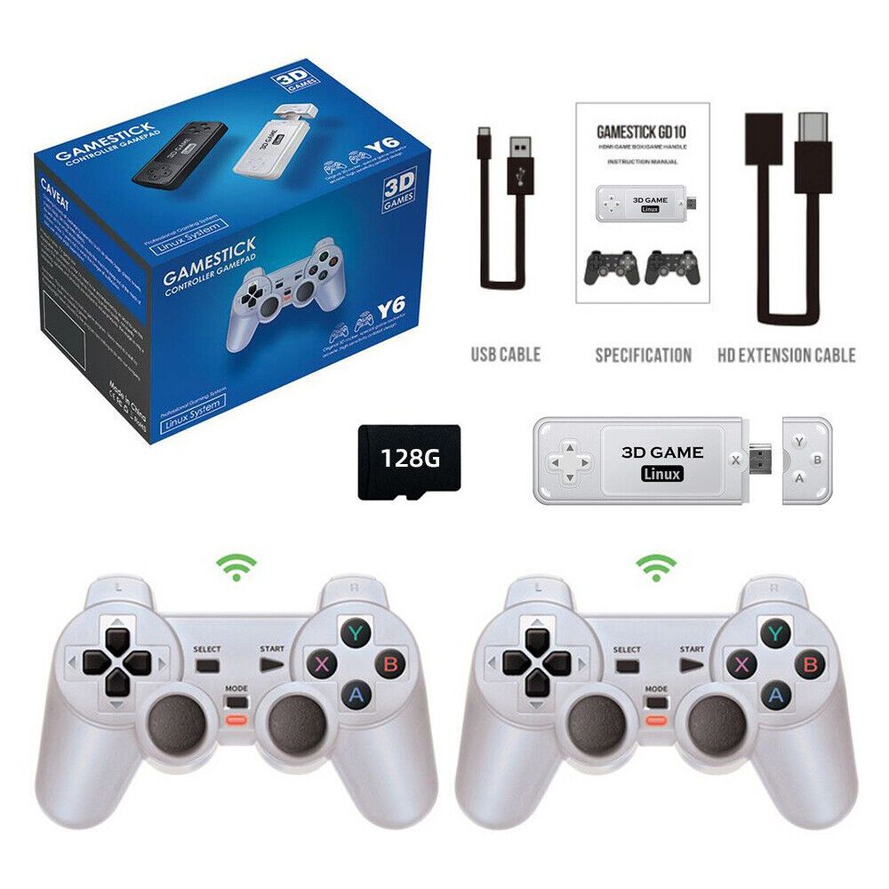 Video Game Console 10000Games 128GB 4K HDMI 3D Game Stick 2x Wireless  Controller