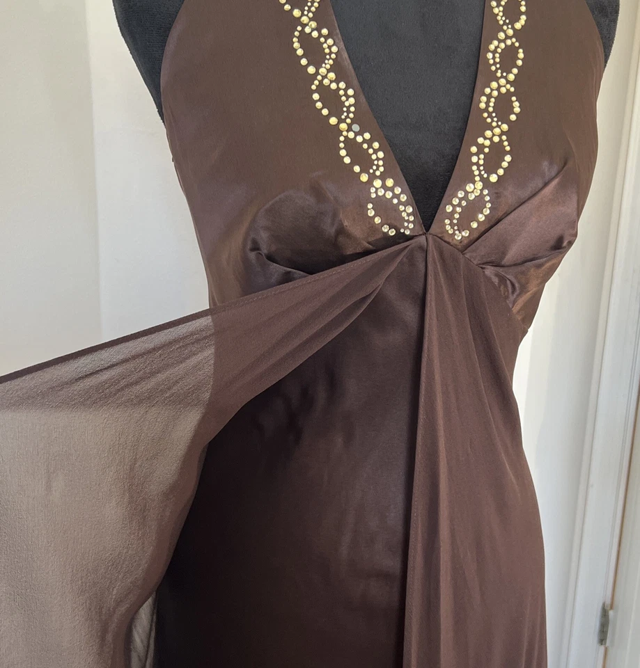 VNTG Donna Ricco Brown Silk Halter dress Sz 10 Rhinestone Asymmetric Y2k Sheer - Image 3 of 4