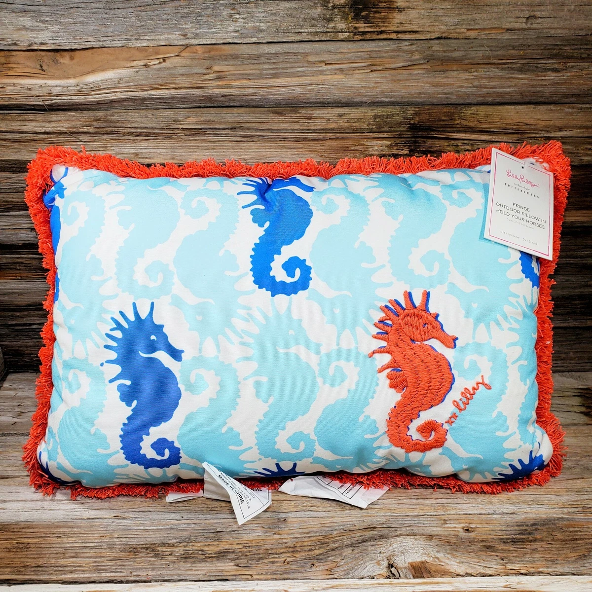 Pottery Barn LILLY PULITZER Hold Your Sea Horses INDOOR OUTDOOR Fringe Pillow