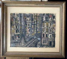 Watercolor around 1960 City Modern Vision Utopia Illegible Signed Frame